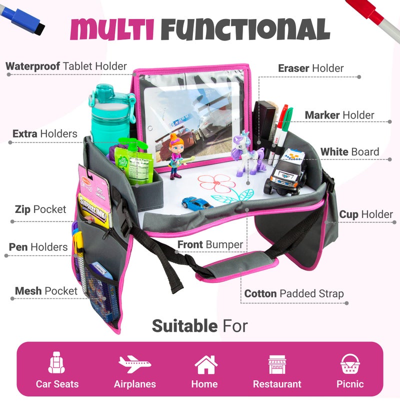 WITRIP Kids Travel Tray with Dry Erase Board - Car Seat Tray for Kids Travel, Carseat Table Top for Toddler, Lap Desk for Car Seat, Activity Organizer & Snack Holder, Road Trip Essentials for Kid (Pink) - Image 4